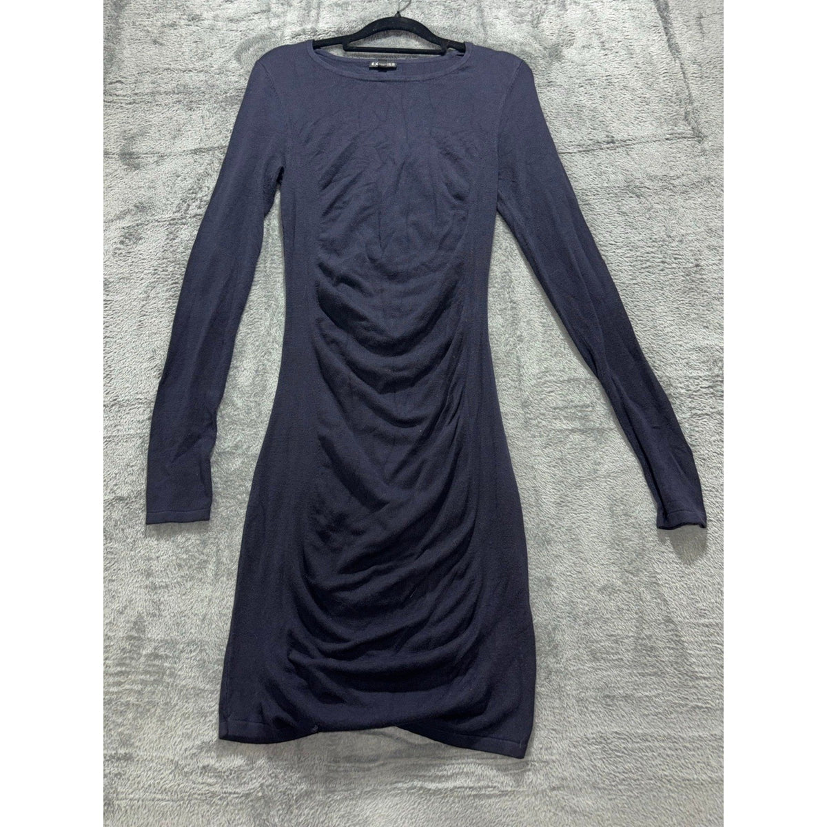 Express XS Navy Ruched Long Sleeve Dress Womens Casual Cozy Bodycon Mini