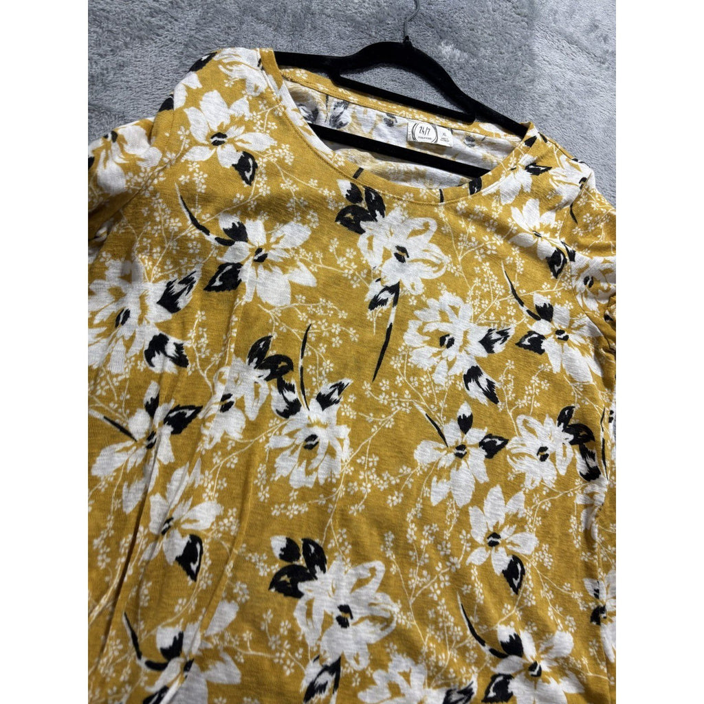Maurices 24/7 Womens XL Mustard Yellow Floral Top Ruffle Sleeve Casual