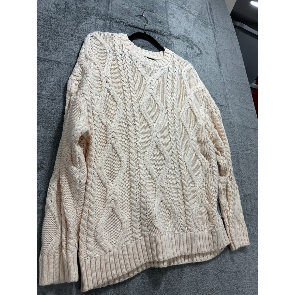 Trendy Queen M Cream Cable Knit Sweater Womens Cozy Casual Boho