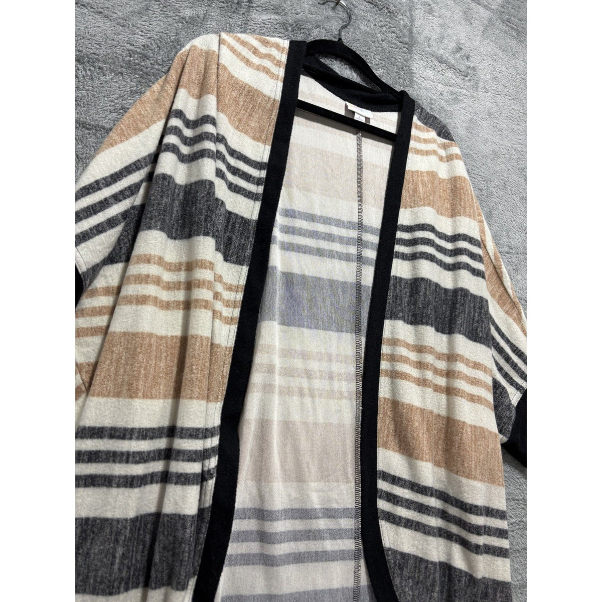 LuLaRoe Womens L Striped Open Front Cocoon Cardigan Black Trim Casual Boho