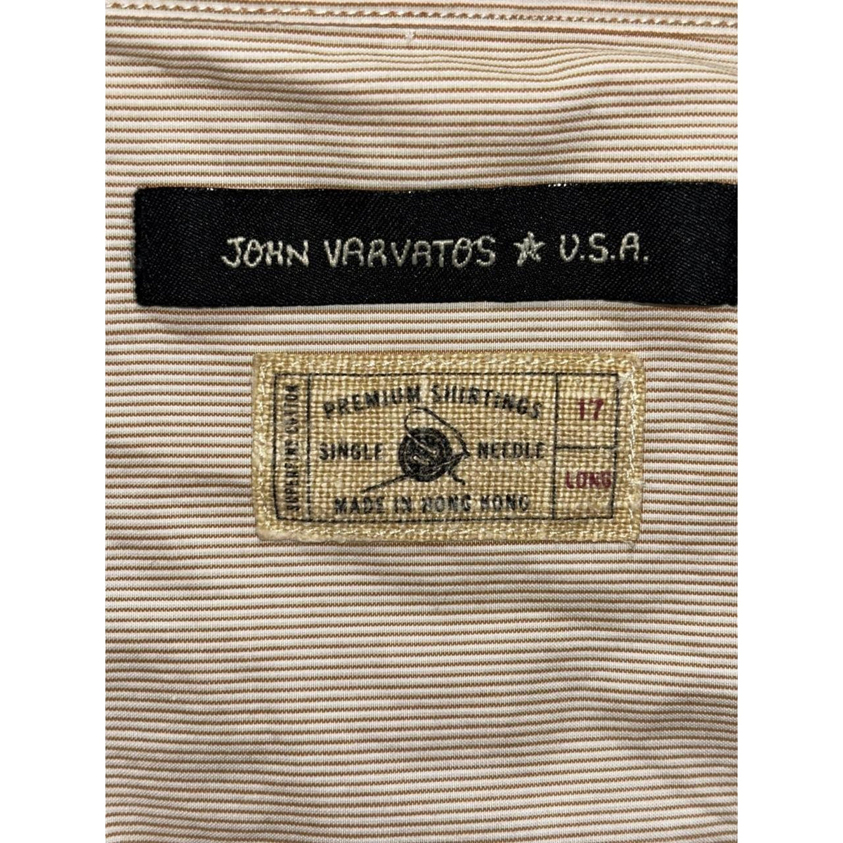 John Varvatos Men's Tan Striped Dress Shirt 17 Long, photo 8 of 9