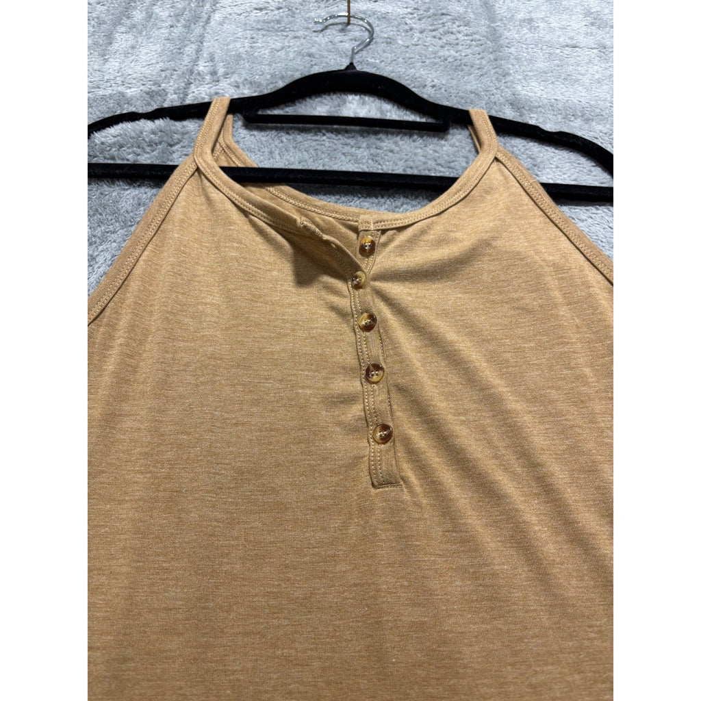 Womens Camel Tan Henley Cami Tank Top Sleeveless Casual Boho Minimalist