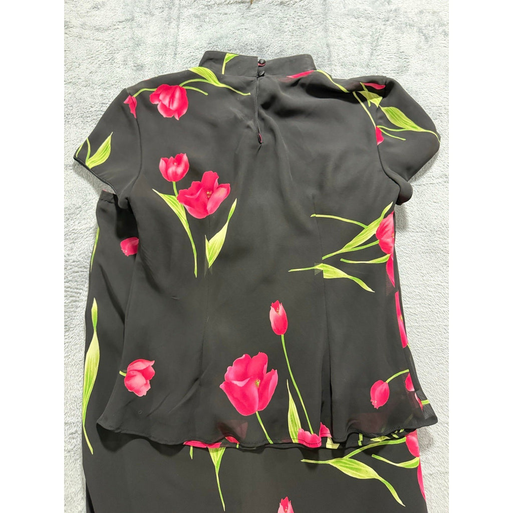 Studio I Womens 6 Black Floral Tulip Top Midi Skirt Set Vintage Boho 2pc