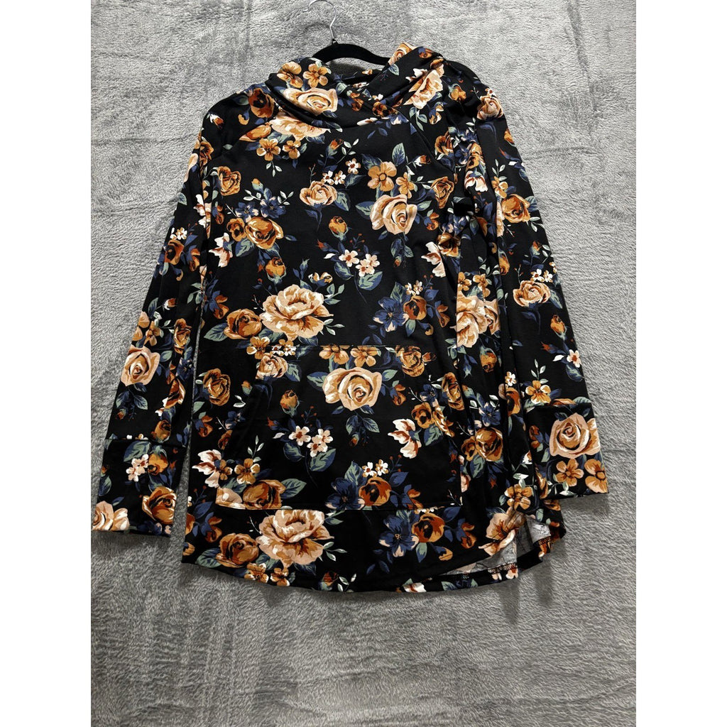 LuLaRoe Womens L Black Floral Cowl Neck Long Sleeve Tunic Top Casual Boho
