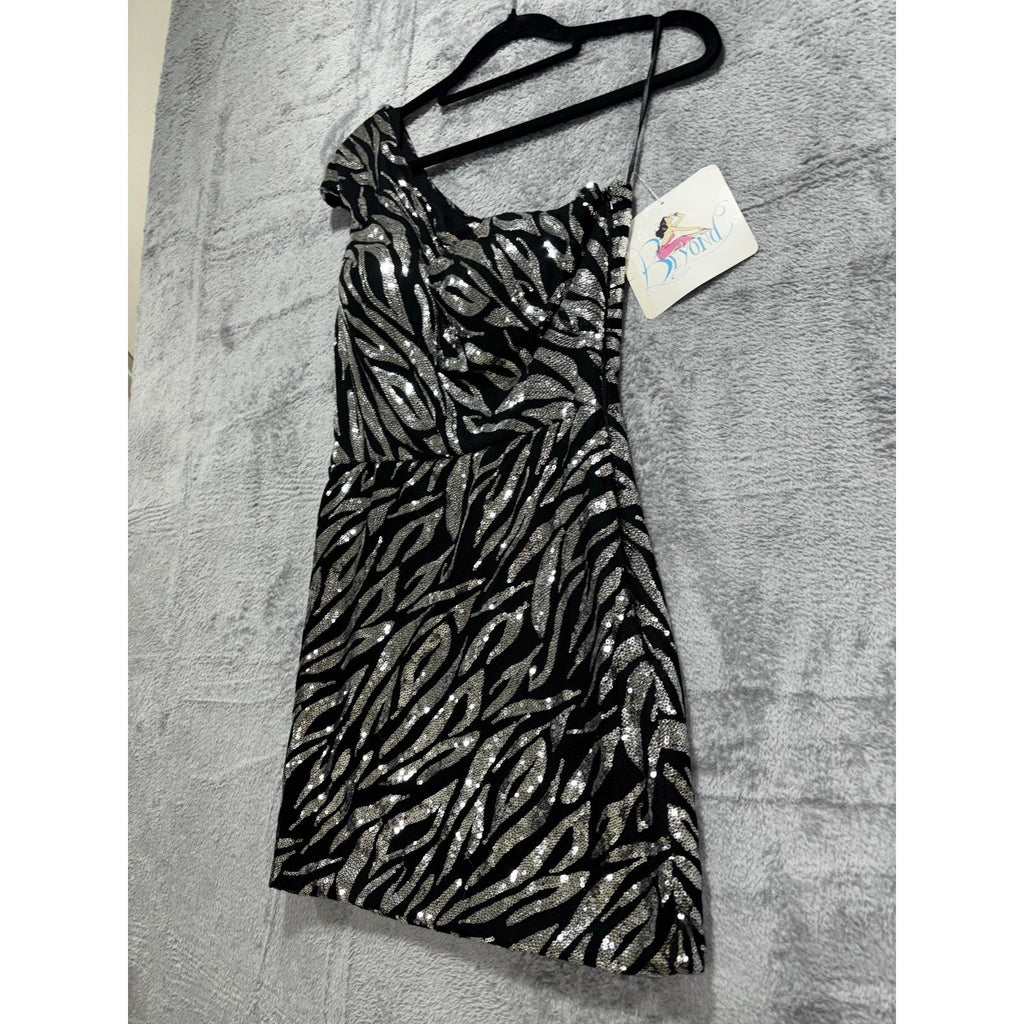 Beyond 0 Black Silver Sequin Zebra One Shoulder Womens Mini Dress Party