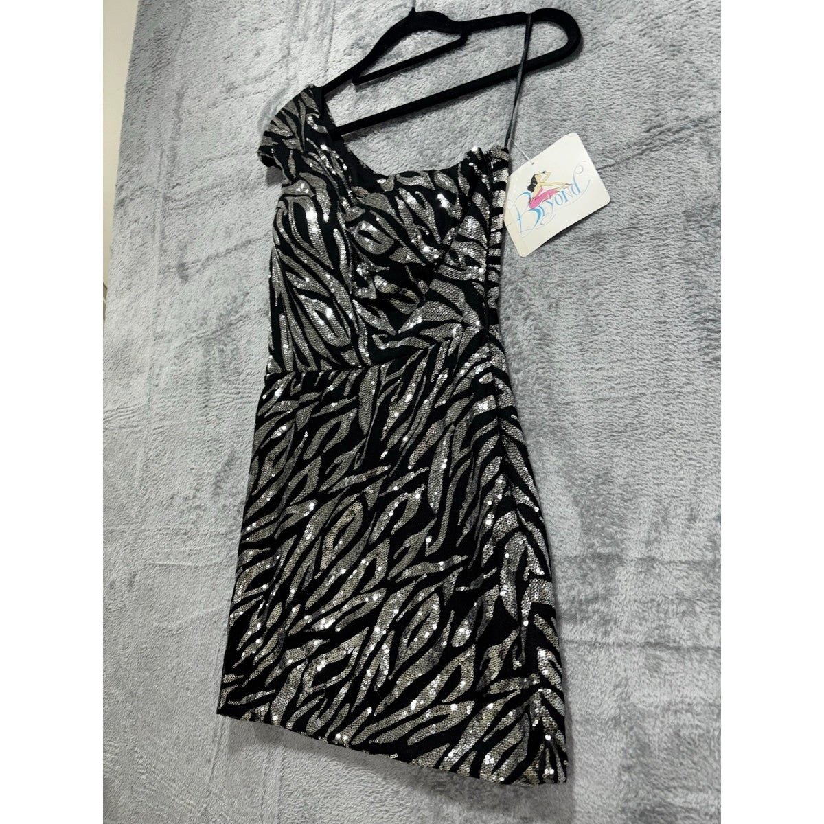Beyond 0 Black Silver Sequin Zebra One Shoulder Womens Mini Dress Party