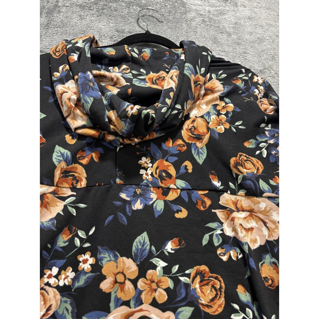 LuLaRoe Womens L Black Floral Cowl Neck Long Sleeve Tunic Top Casual Boho