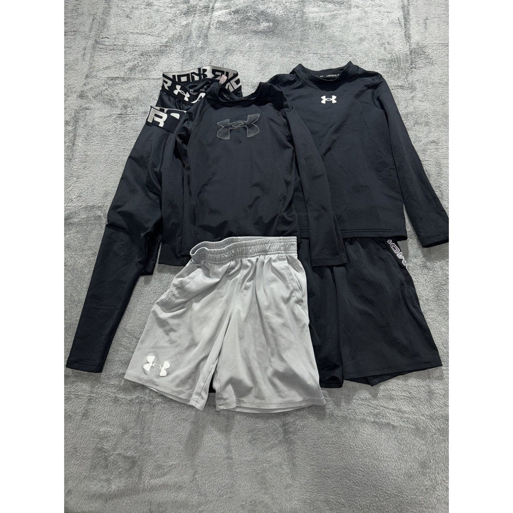Under Armour Youth XS S 6 Pc Black Gray Athletic Bundle Tops Shorts Leggings