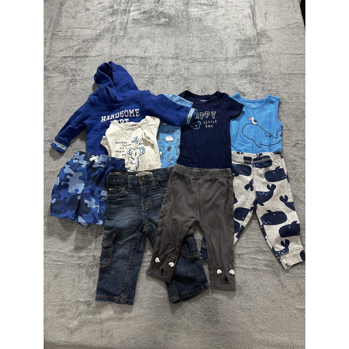 Carter's Baby Boy 12M 9 Piece Bundle Bodysuits Pants Jeans Shorts Hoodie Blue