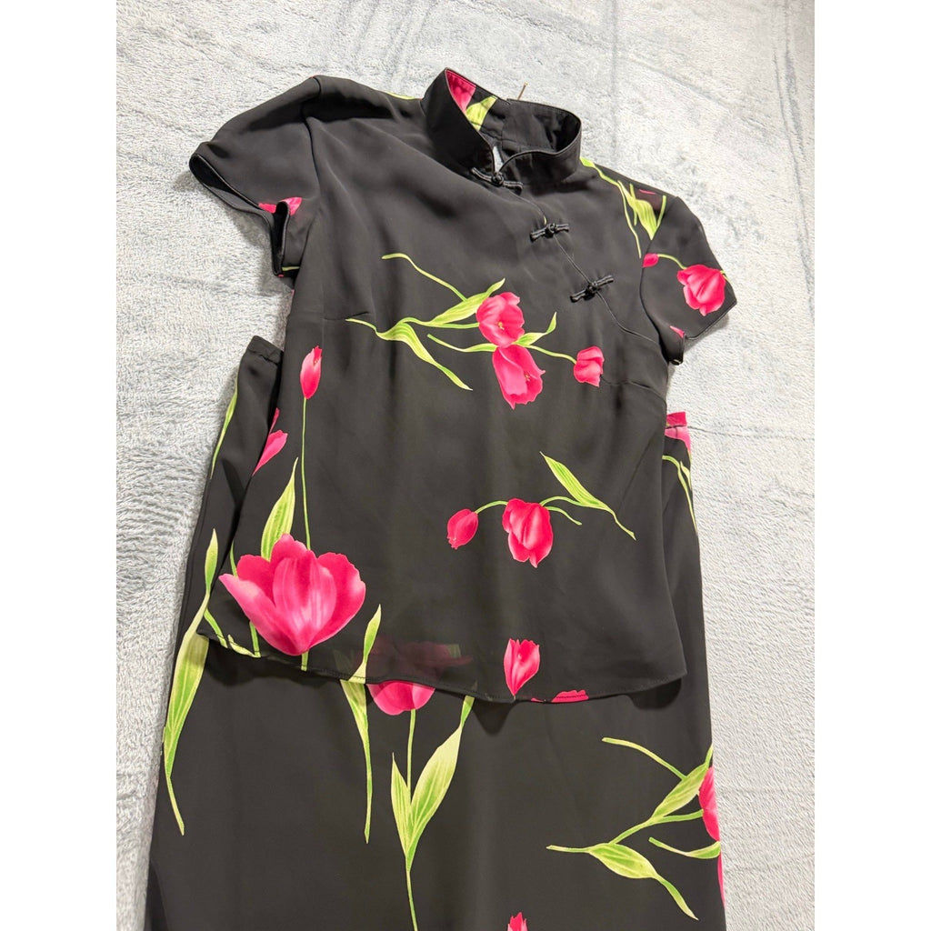 Studio I Womens 6 Black Floral Tulip Top Midi Skirt Set Vintage Boho 2pc