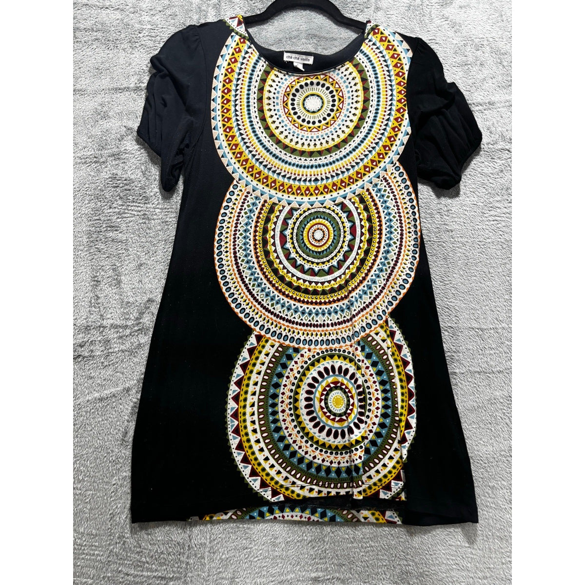 Cha Cha Vente Womens S Black Geometric Mandala Print Boho Festival Mini Dress