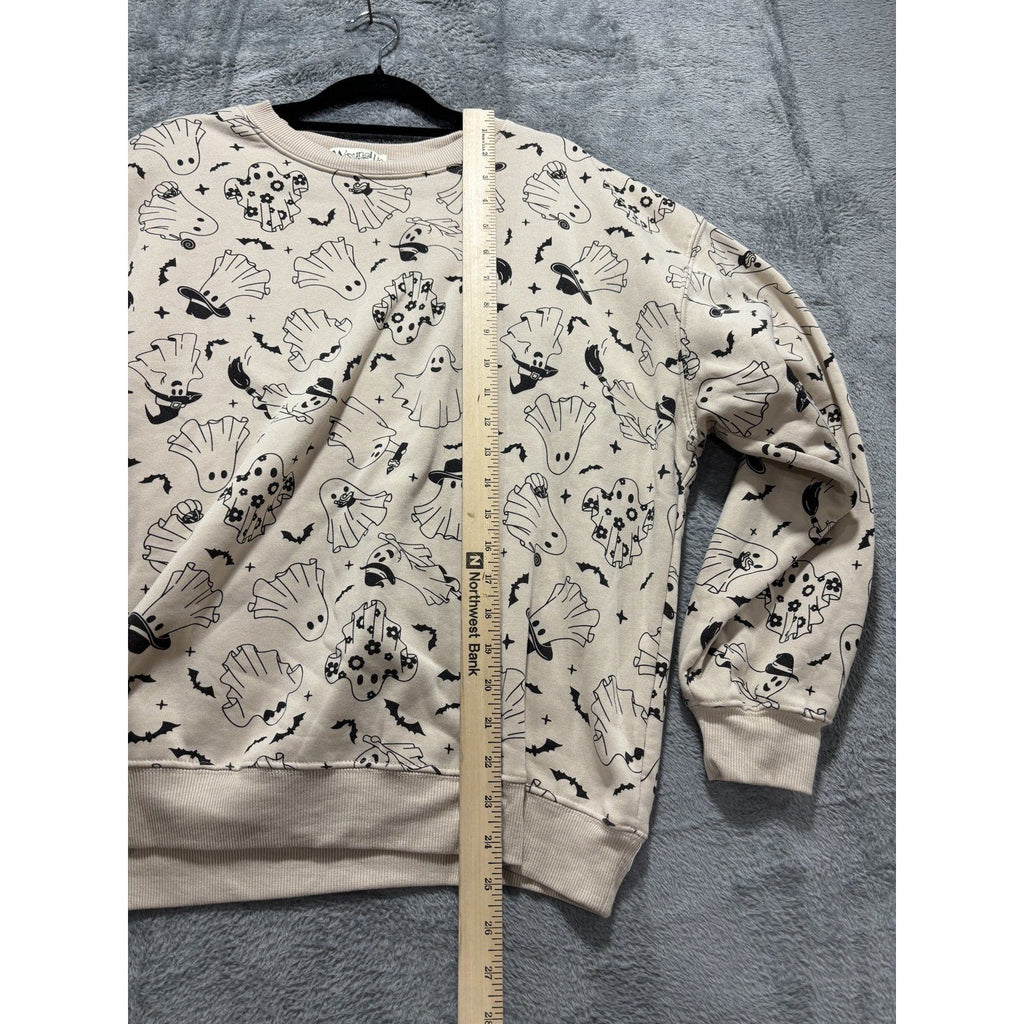 Wound Up Womens L Beige Ghost Print Crewneck Sweatshirt Halloween Cozy