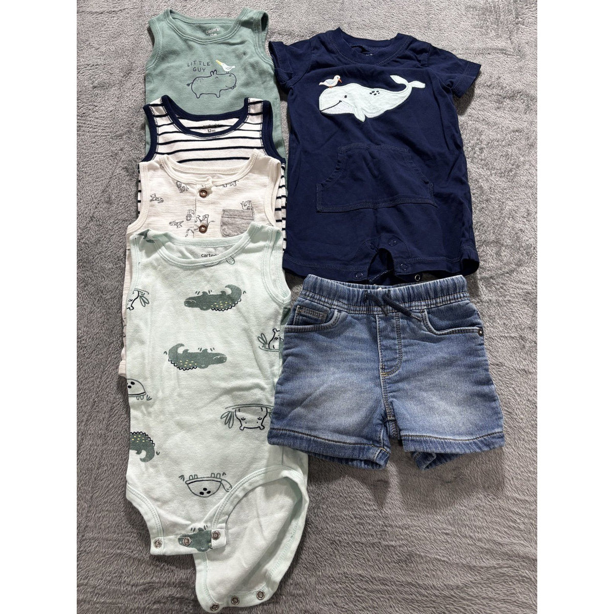 Carter's Baby 12M Whale Romper, Denim Shorts and 4 Bodysuits 6 Piece Bundle