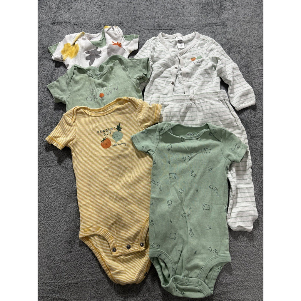 Carter's Baby 12M 6 Piece Bundle Bodysuits Footed Pants Sage Yellow