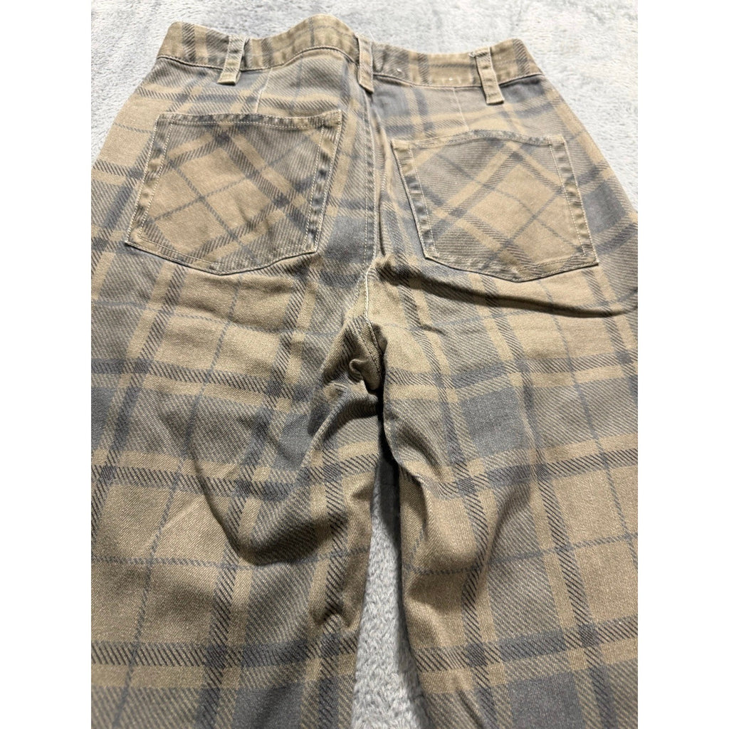 WEWOREWHAT 25 Olive Gray Plaid Straight Leg Jeans Womens Stretch Casual Preppy
