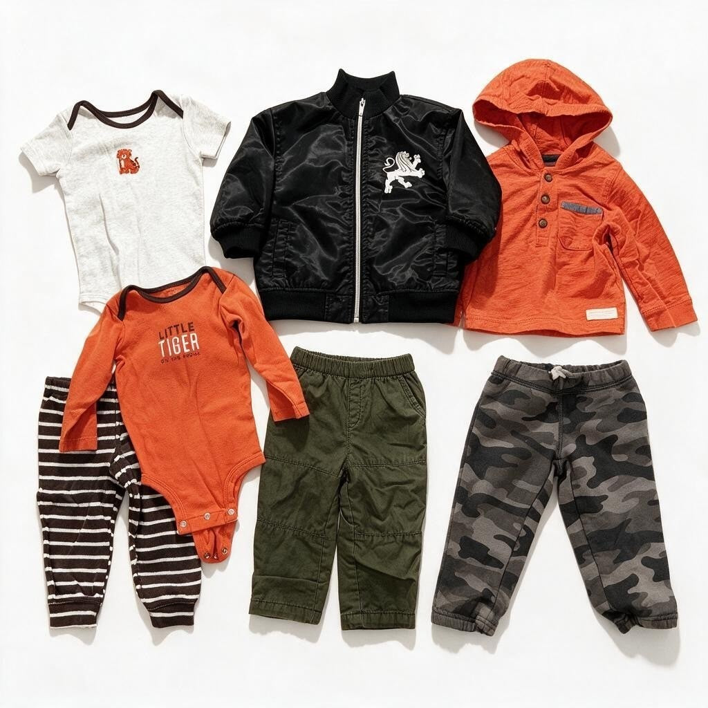 Carter's Baby Boy 12M 7 Piece Bundle Tiger Bodysuits Bomber Pants Orange Black