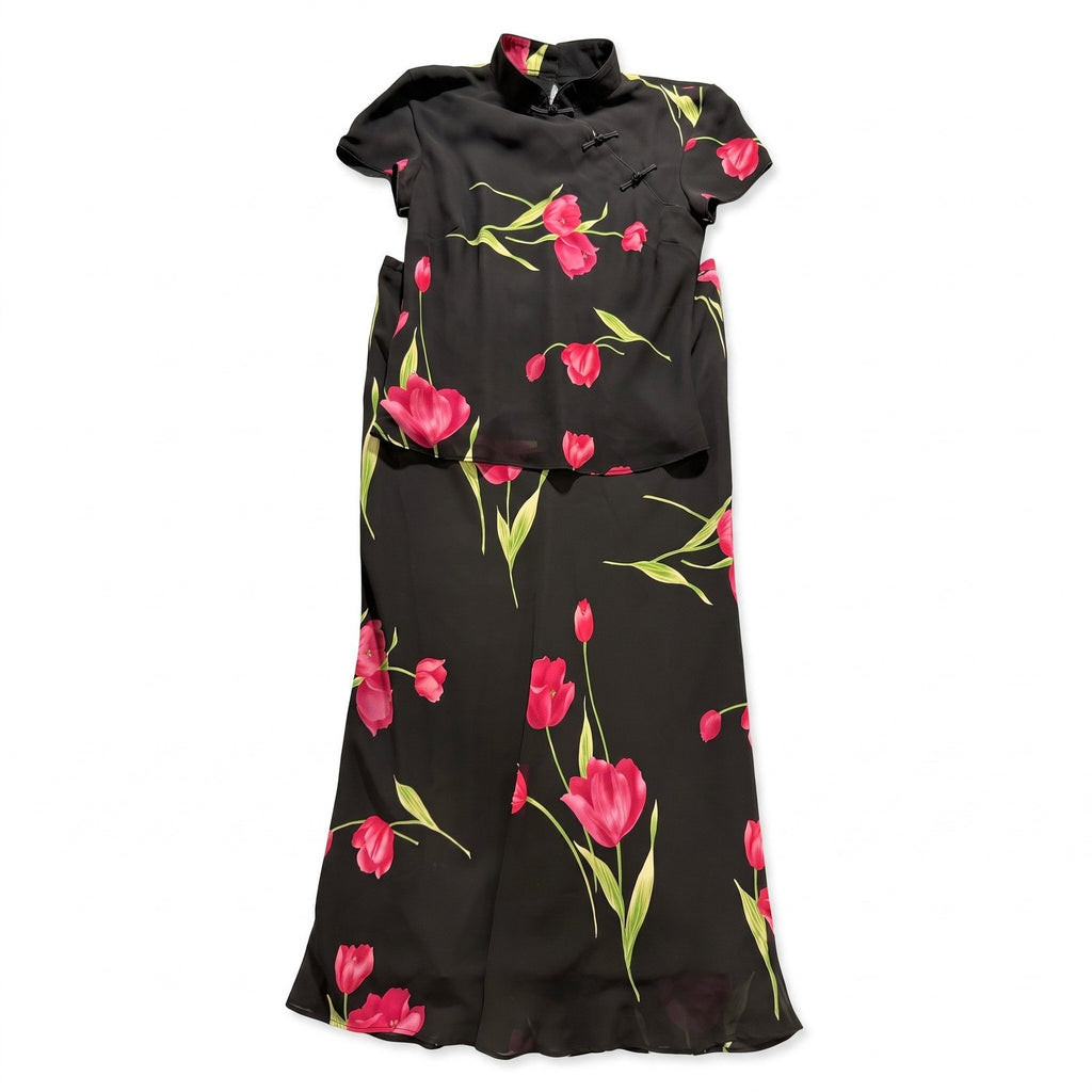 Studio I Womens 6 Black Floral Tulip Top Midi Skirt Set Vintage Boho 2pc