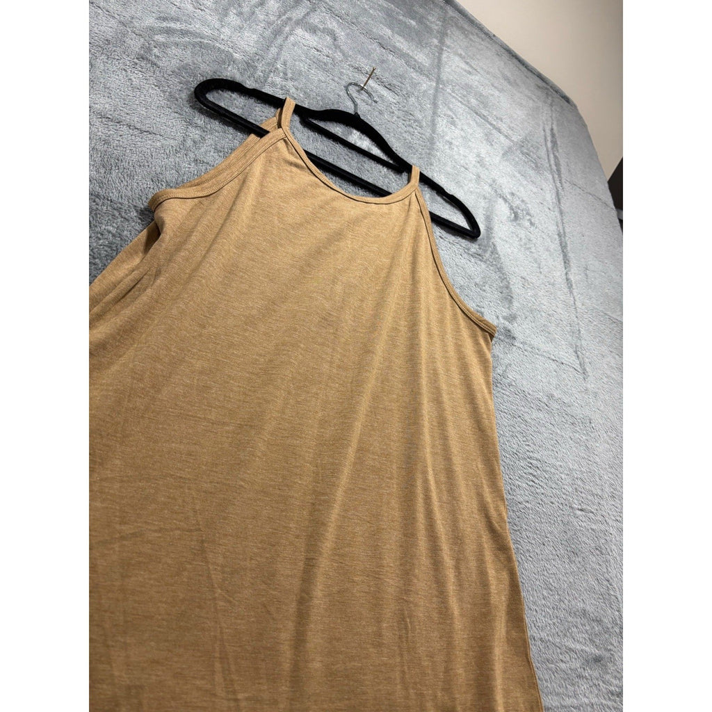 Womens Camel Tan Henley Cami Tank Top Sleeveless Casual Boho Minimalist