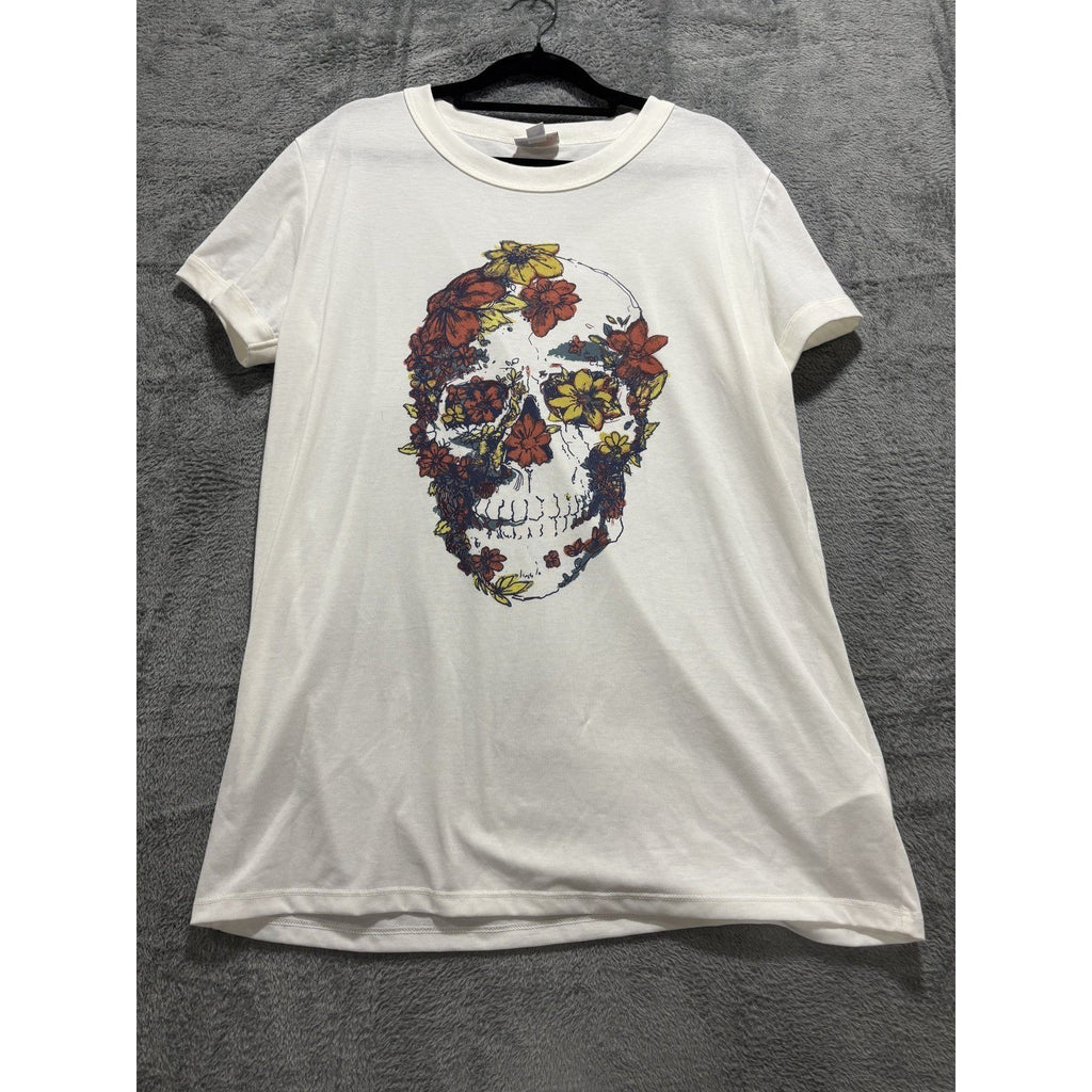 LuLaRoe Women's White Floral Skull Graphic Tee L