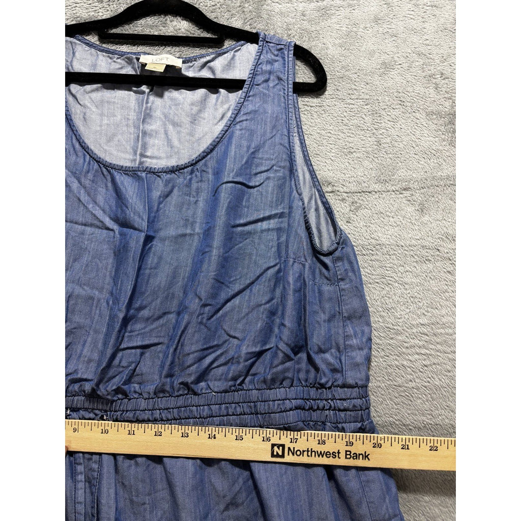LOFT Womens XL Blue Chambray Sleeveless Drawstring Waist Dress Casual Coastal