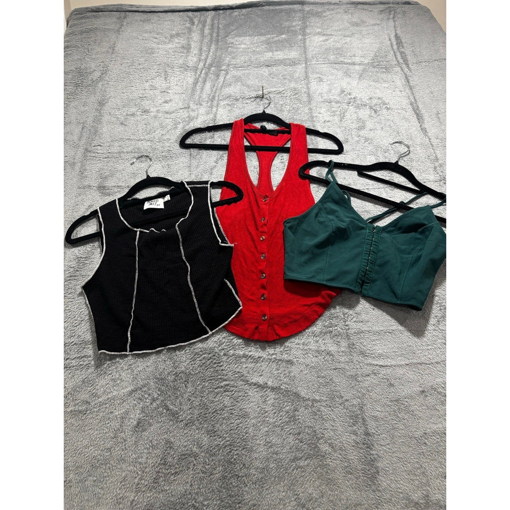 Womens Bundle 3pc Tank Crop Top Bralette XS/4 Red Black Green