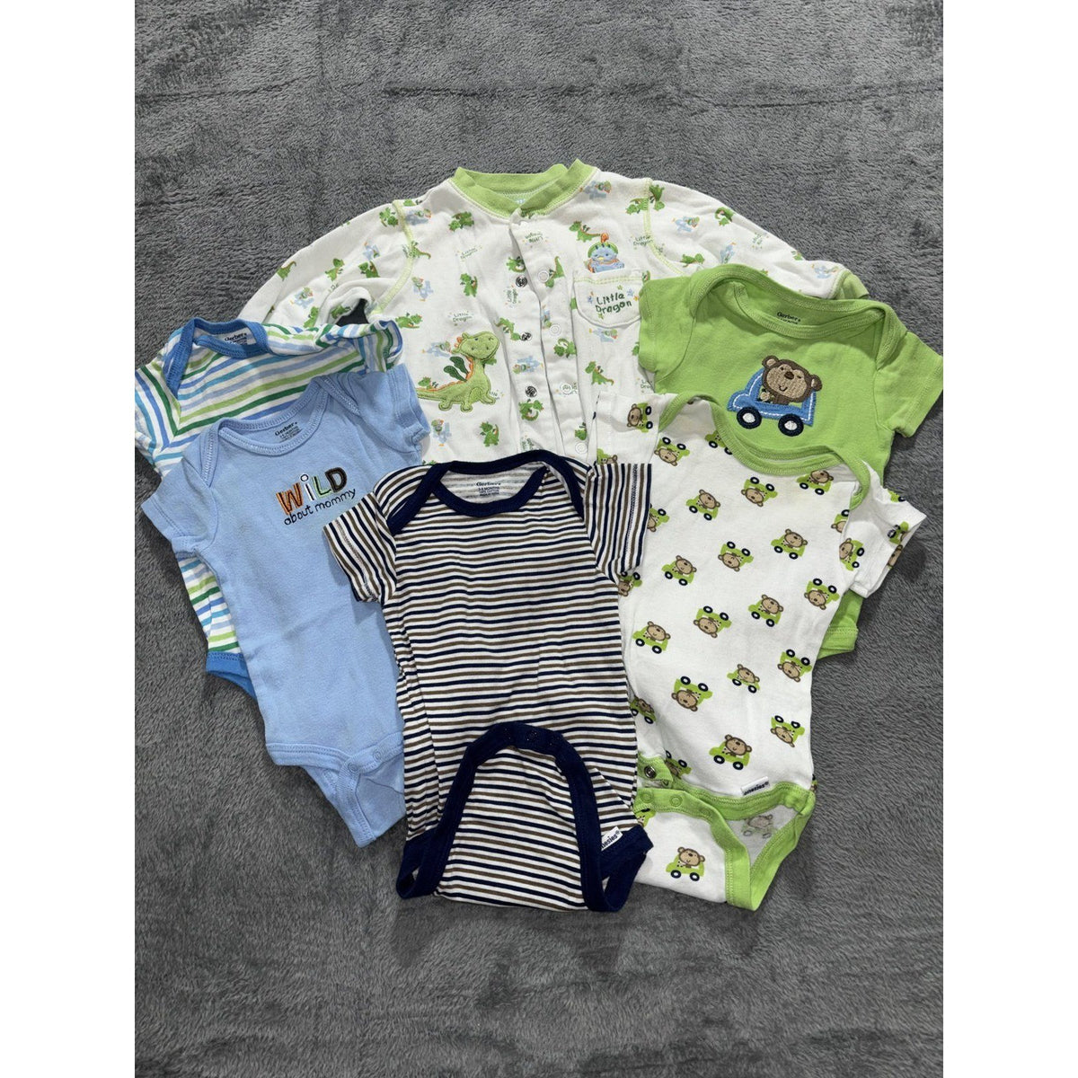 Gerber Baby Boy 3-9M 6 Piece Bundle Sleeper Bodysuits Green Blue Navy