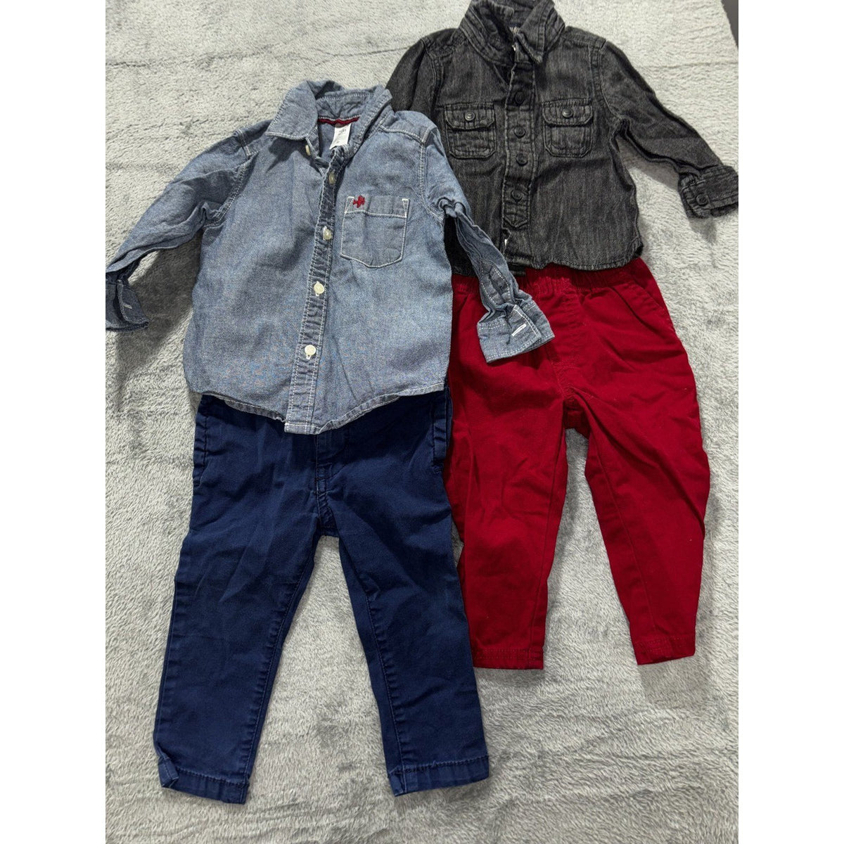 Carter's OshKosh Baby 12M 4 Piece Bundle Chambray Denim Red Navy Pants