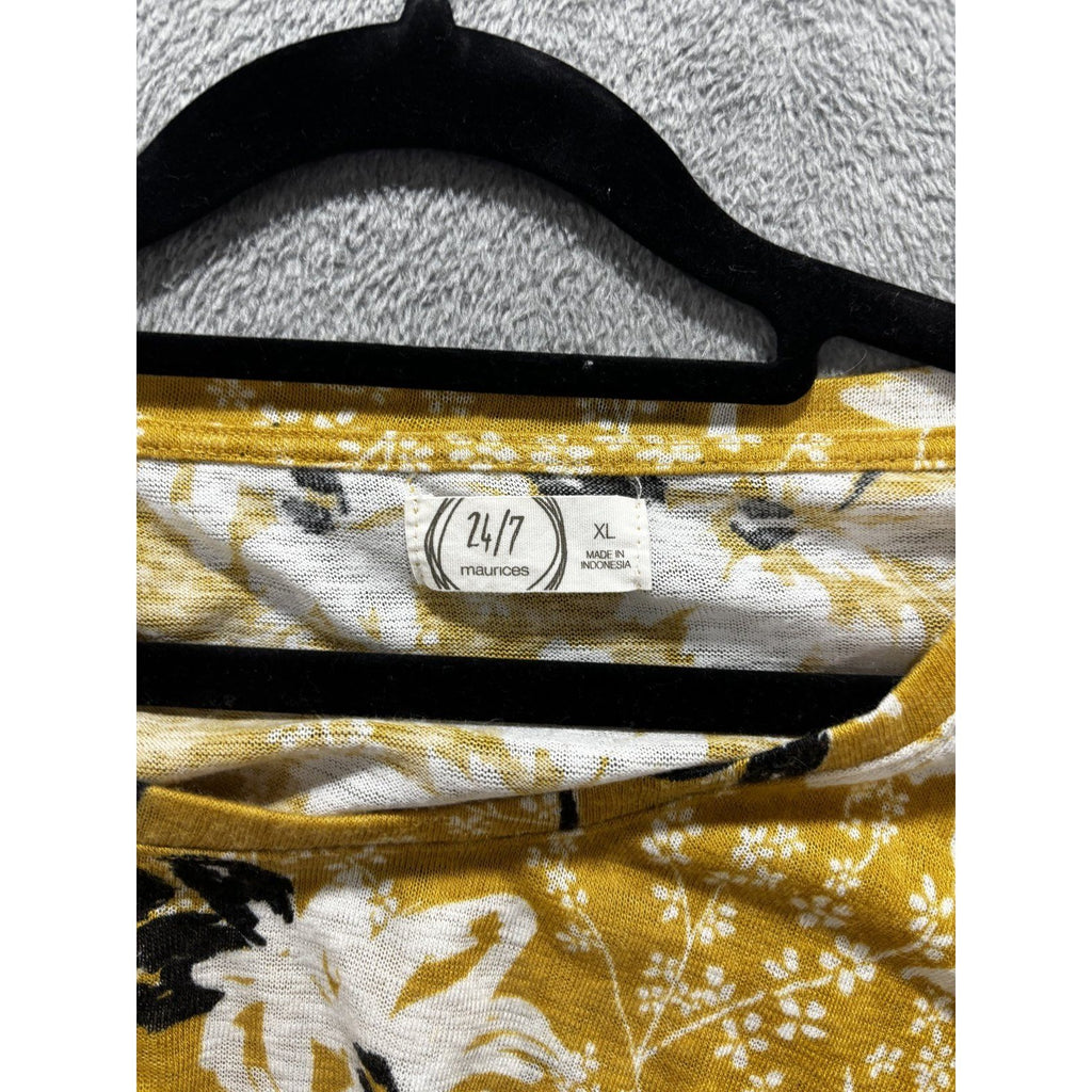 Maurices 24/7 Womens XL Mustard Yellow Floral Top Ruffle Sleeve Casual