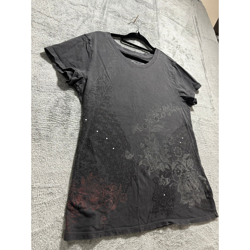 Sonoma Life + Style Womens M Charcoal Graphic Tee Floral Rhinestone