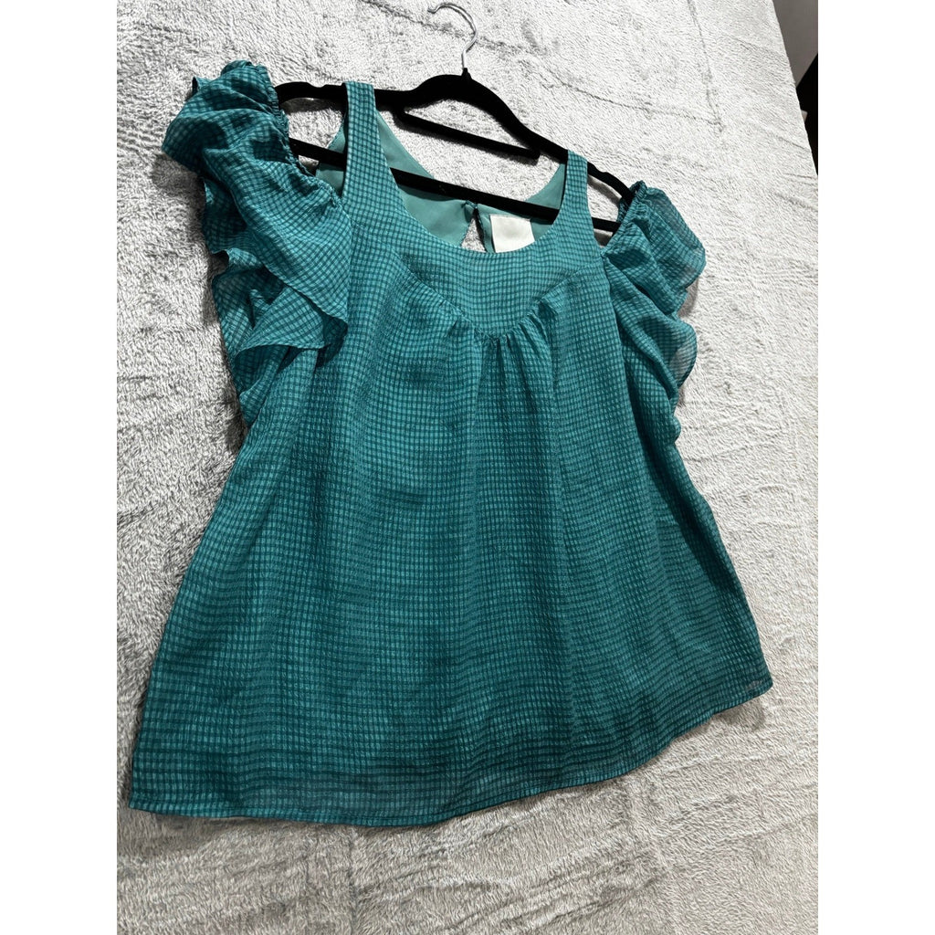 Maeve Womens 2 Teal Cold Shoulder Ruffle Sleeve Blouse