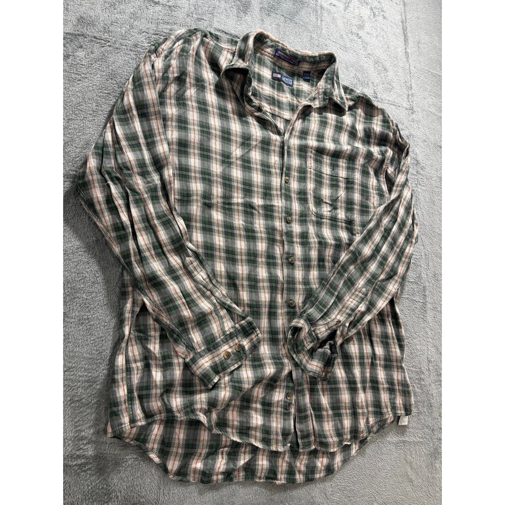 Arrow XLT Green Plaid Flannel Shirt Somerset Twill Long Sleeve Mens