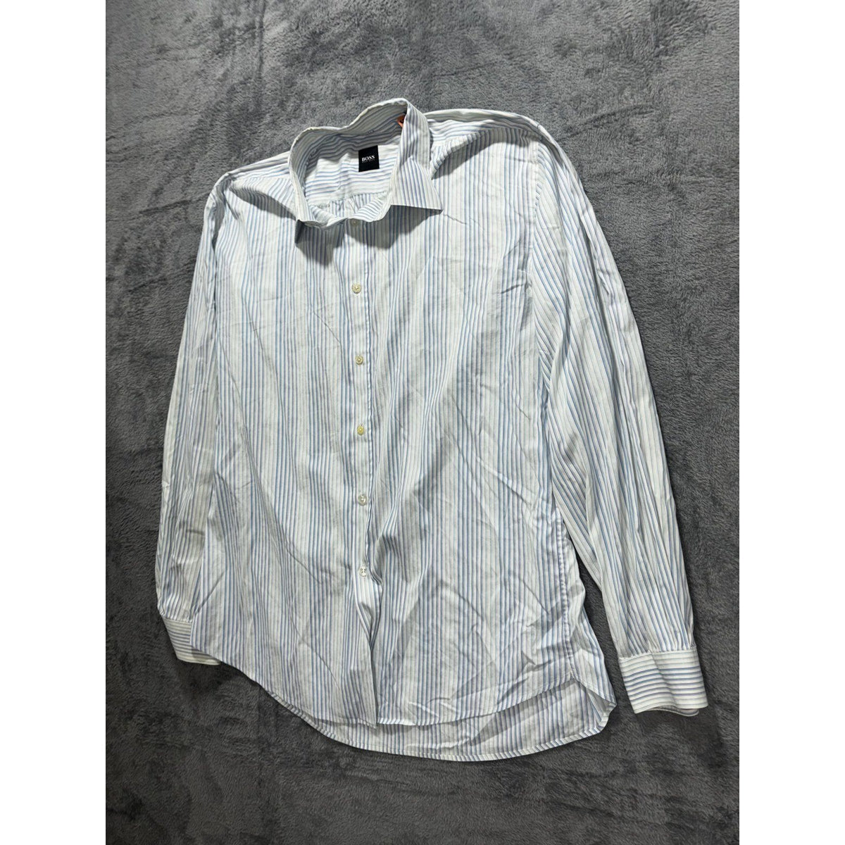 Hugo Boss Mens 45/46 XXL White Blue Stripe Long Sleeve Button Up Dress Shirt