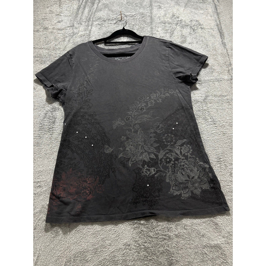 Sonoma Life + Style Womens M Charcoal Graphic Tee Floral Rhinestone