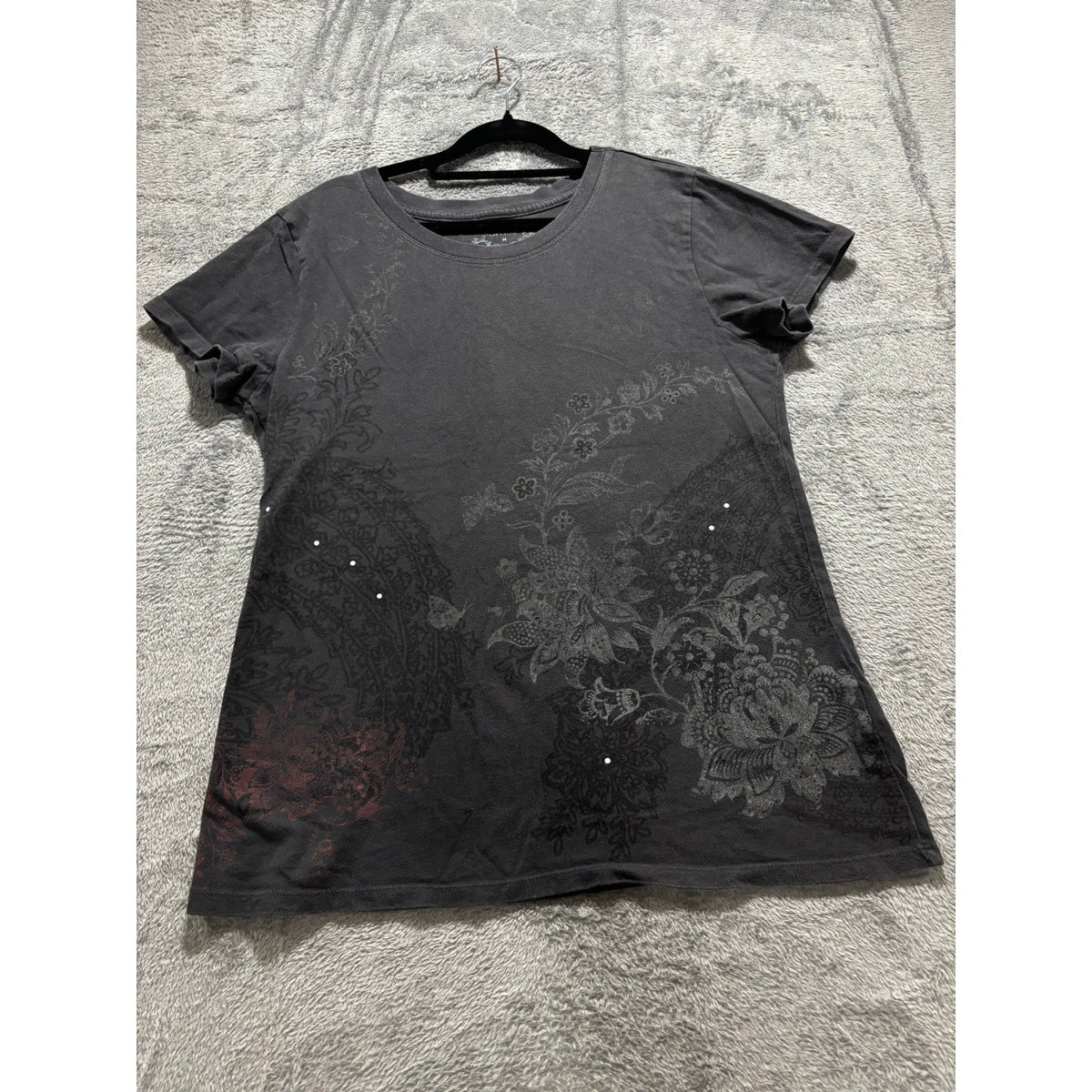 Sonoma Life + Style Womens M Charcoal Graphic Tee Floral Rhinestone