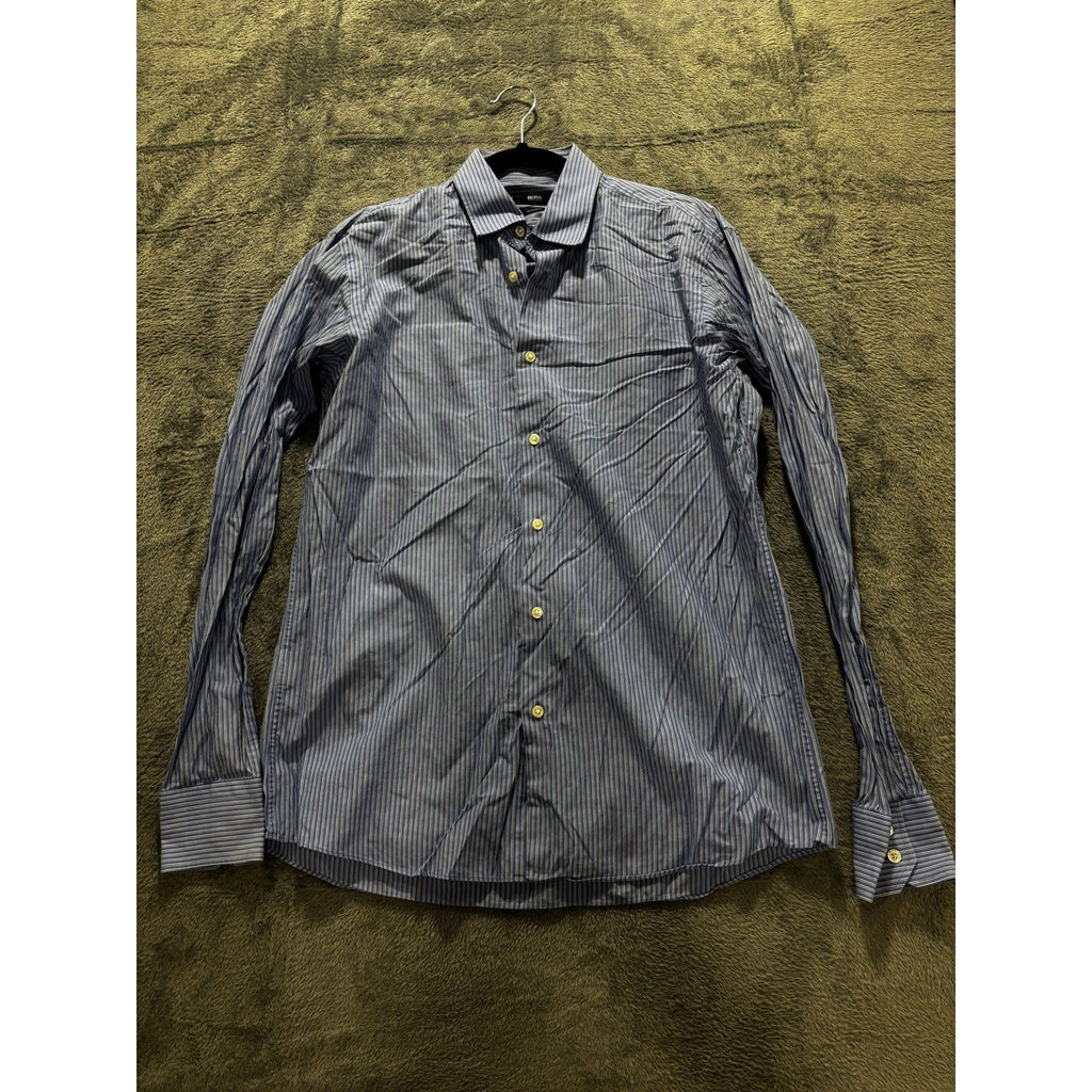 Hugo Boss Mens 15 1/2 34/35 Blue Stripe Long Sleeve Button Up Dress Shirt