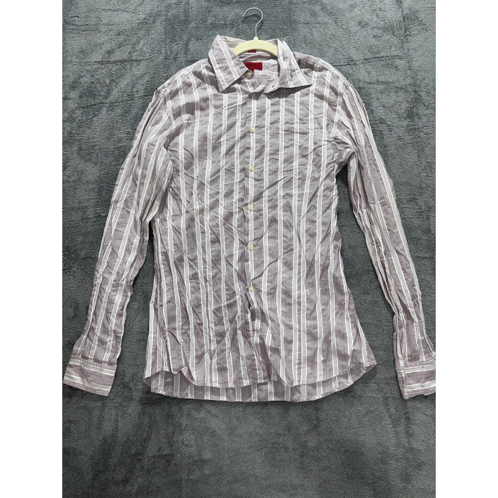 HUGO Hugo Boss Mens XL Mauve Gray Stripe Long Sleeve Button Up Dress Shirt