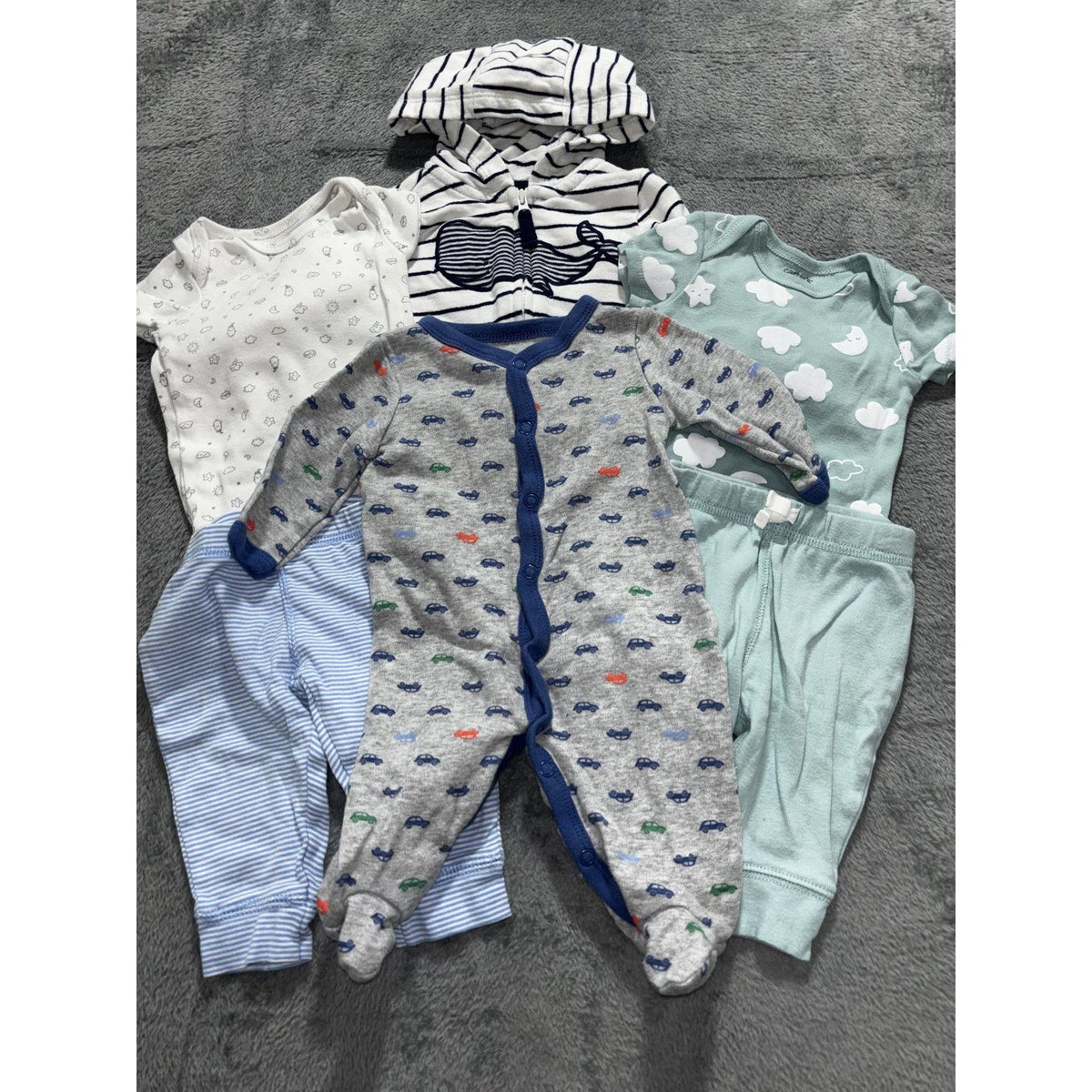 Carter's Baby Boy 3M 6 Piece Bundle Hoodie Sleeper Bodysuits Pants Blue Gray
