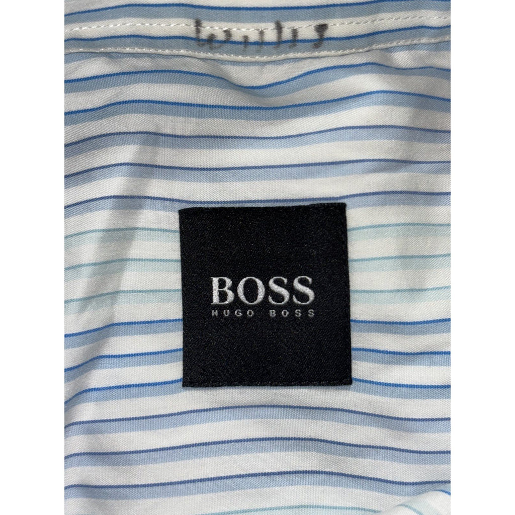 Hugo Boss Mens 45/46 XXL White Blue Stripe Long Sleeve Button Up Dress Shirt