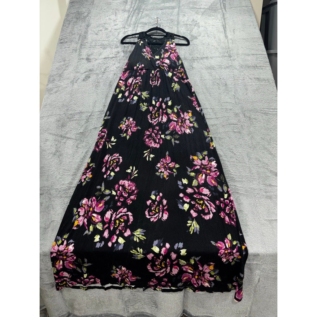 Elle Womens S Black Pink Floral Maxi Dress Lace Back Boho Casual