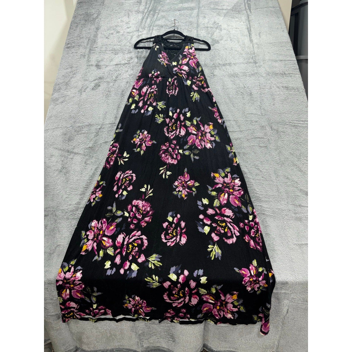 Elle Womens S Black Pink Floral Maxi Dress Lace Back Boho Casual