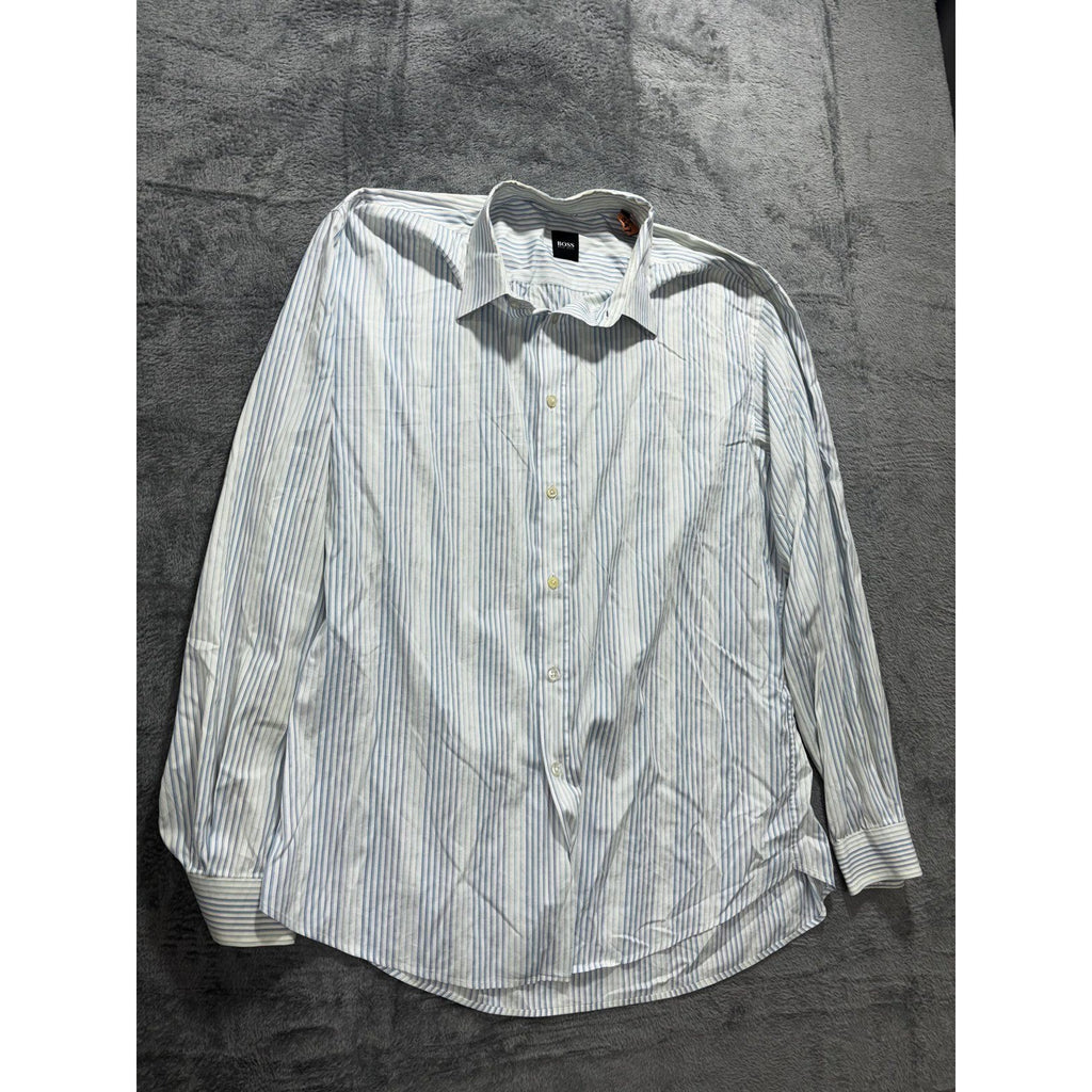 Hugo Boss Mens 45/46 XXL White Blue Stripe Long Sleeve Button Up Dress Shirt