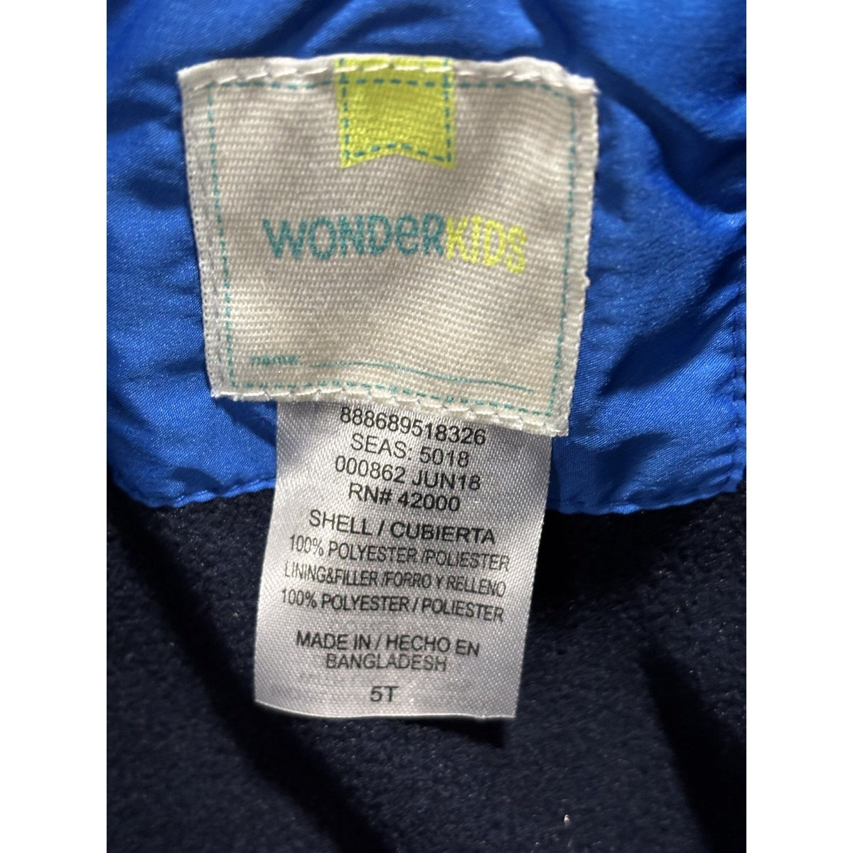 WonderKids Toddler 5T Puffer Jacket Blue Yellow Color Block Hooded Fleece Lined