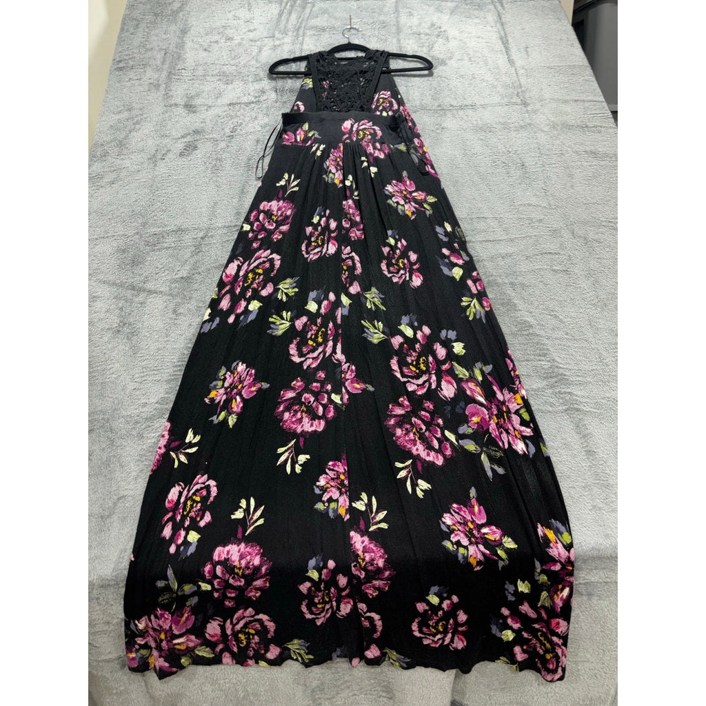 Elle Womens S Black Pink Floral Maxi Dress Lace Back Boho Casual
