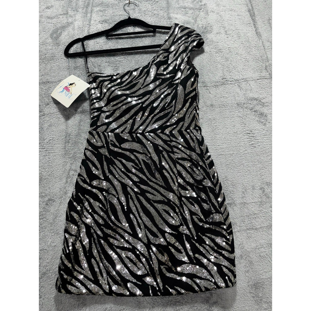 Beyond 0 Black Silver Sequin Zebra One Shoulder Womens Mini Dress Party