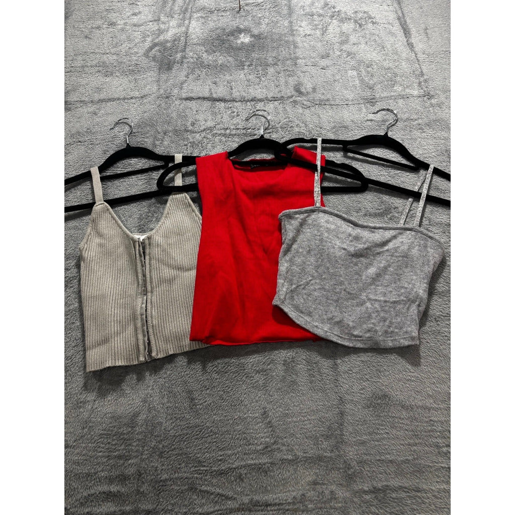 Zara Womens S Bundle 3pc Ribbed Tank Crop Top Gray Red