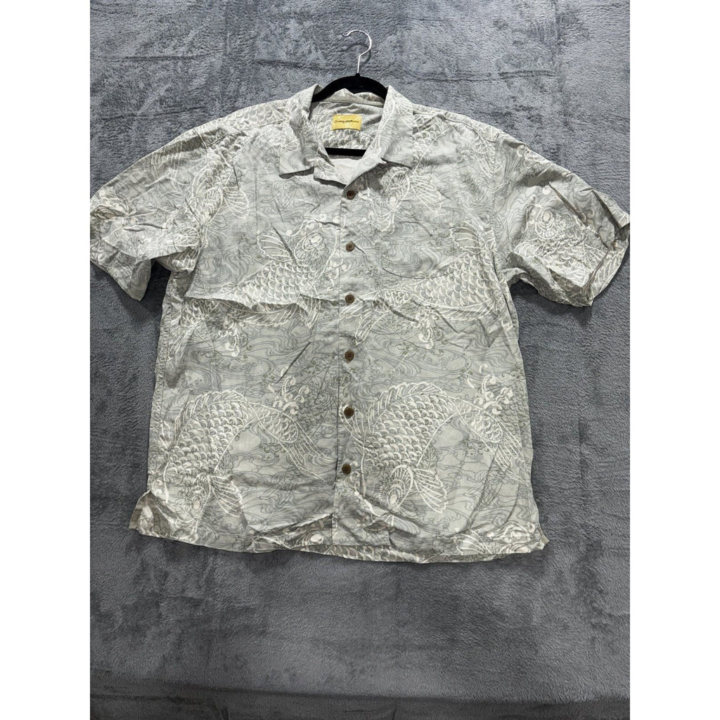 Tommy Bahama Mens XL Gray Green Koi Fish Print Short Sleeve Button Up Shirt