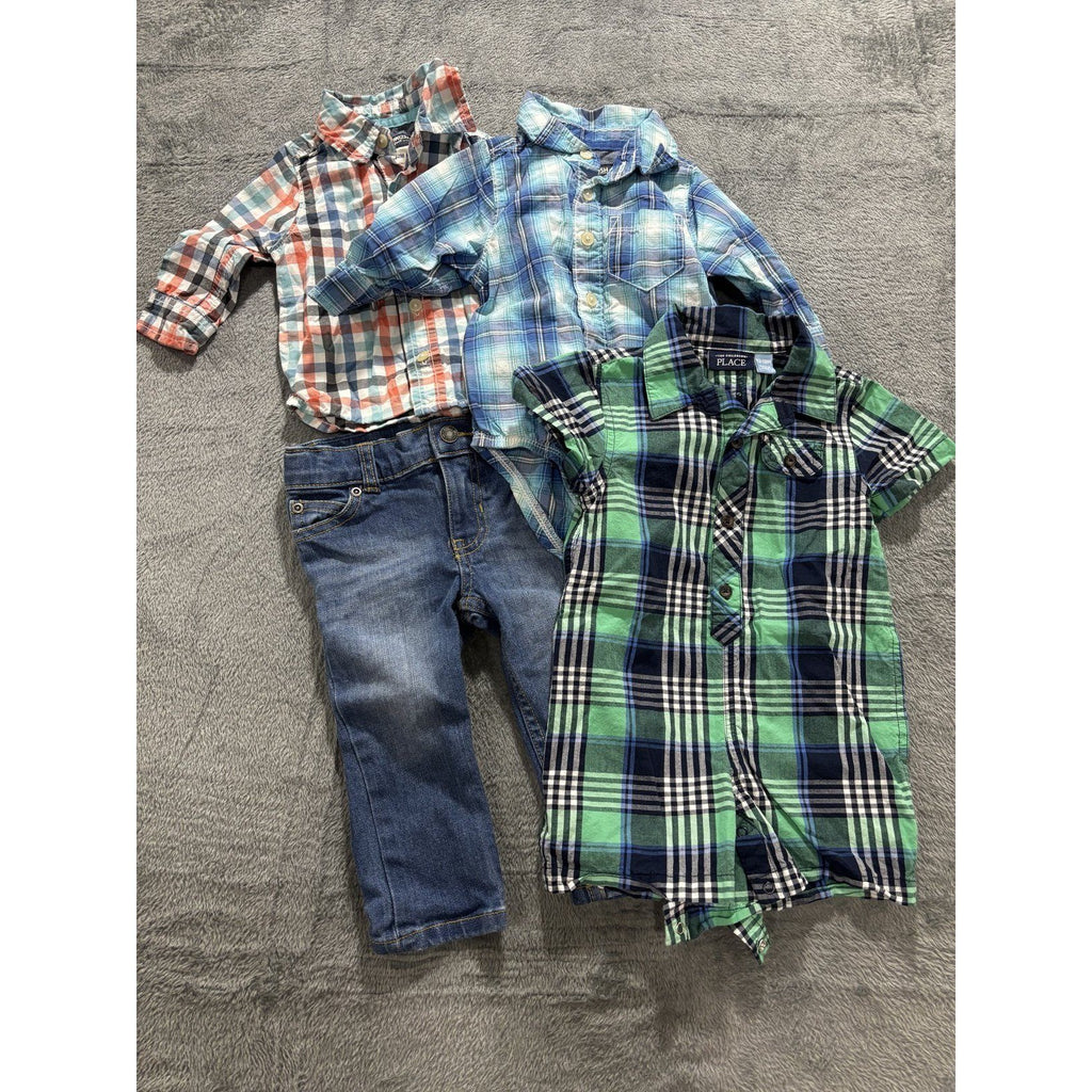 OshKosh B'gosh Carter's Children's Place Baby 12M 4 Pc Plaid Shirts Jeans Romper