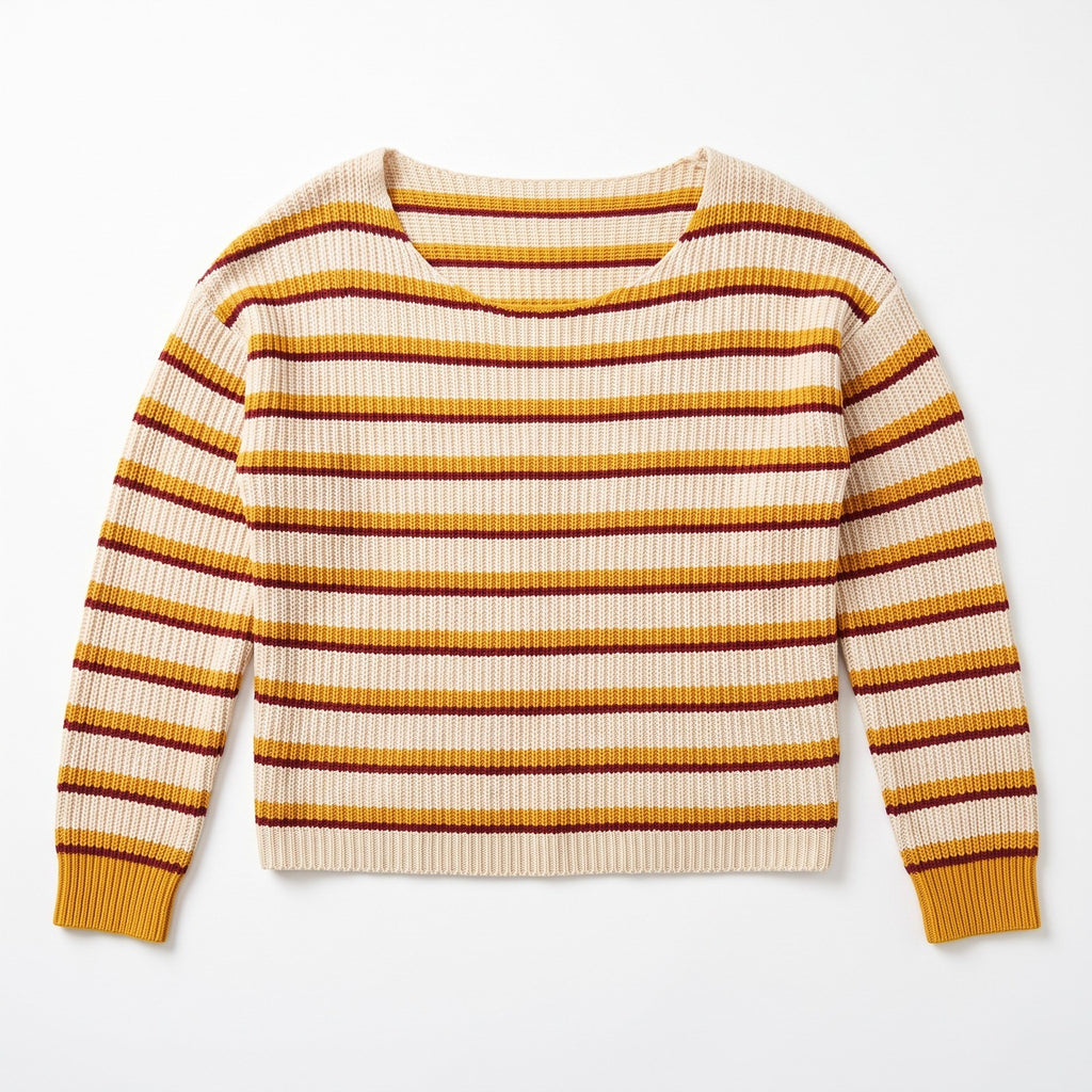 Alya Womens S Cream Mustard Burgundy Striped Ribbed Pullover Sweater