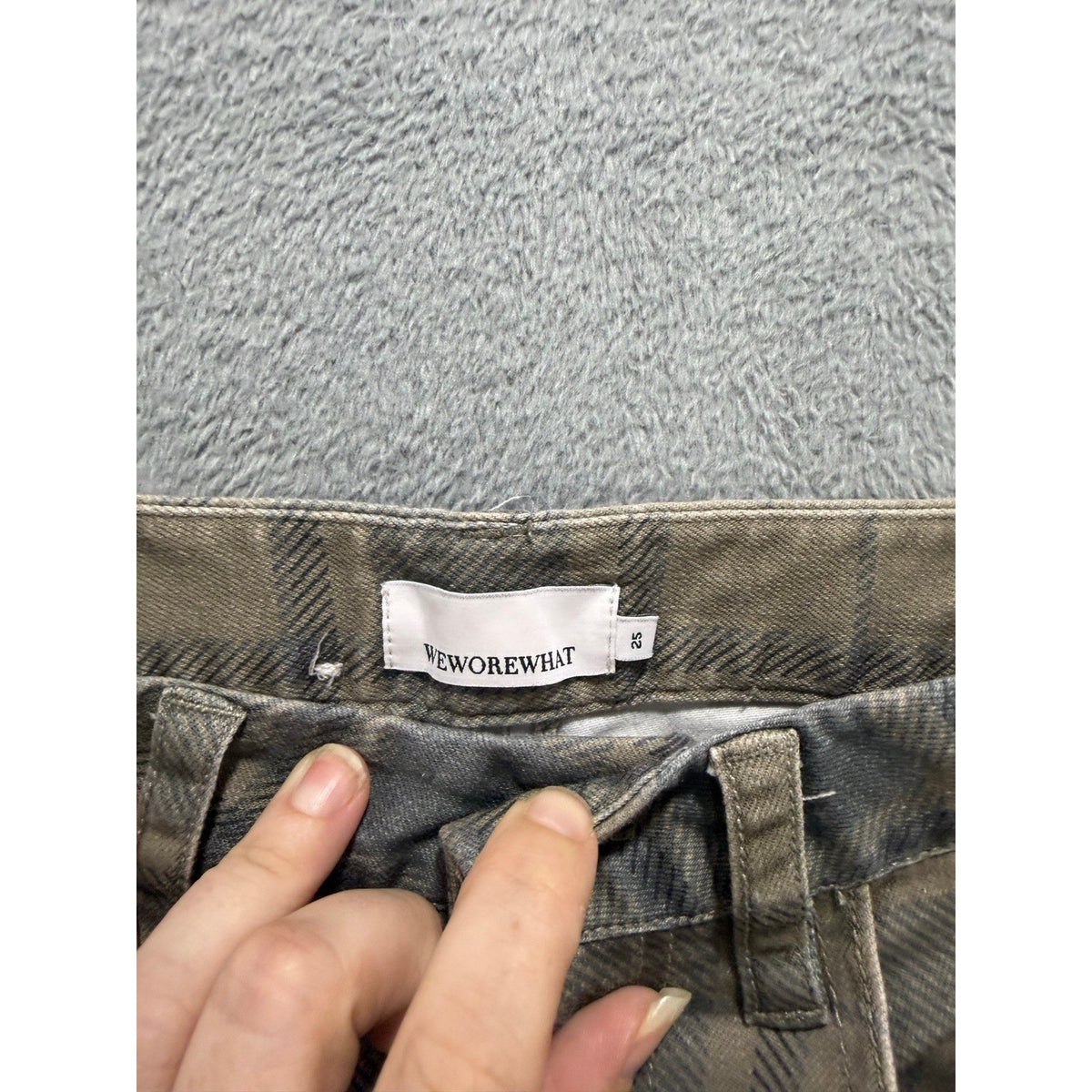 WEWOREWHAT 25 Olive Gray Plaid Straight Leg Jeans Womens Stretch Casual Preppy
