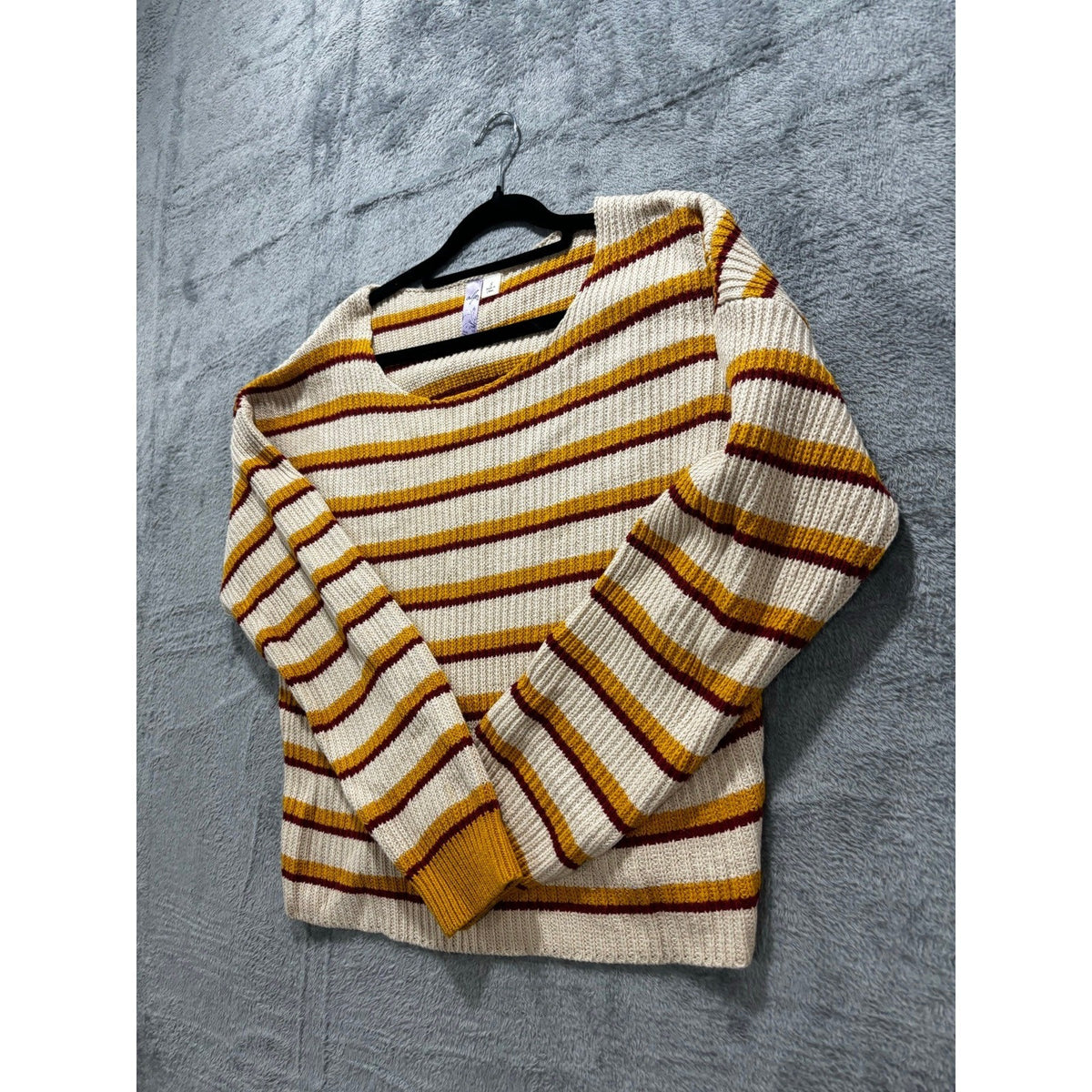 Alya Womens S Cream Mustard Burgundy Striped Ribbed Pullover Sweater